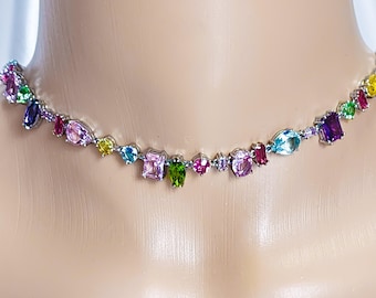 Swarovski Like Multi-colored Necklace. Gema. Contemporary Look Crystal. Fine Crystals in Rhodium Settings.