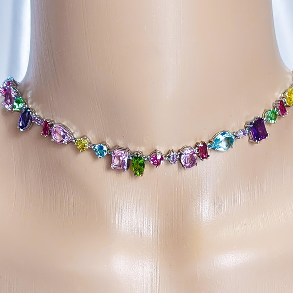 Swarovski Like Multi-colored Necklace. Gema. Contemporary Look Crystal. Fine Crystals in Rhodium Settings.