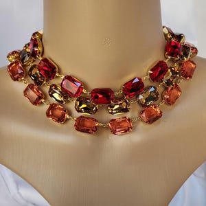 Anna Wintour Fall Color necklaces. Red, Light Topaz, Padparadscha. Crystal statement necklaces for women. Lobster Clasp with Extender