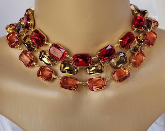 Anna Wintour Fall Color necklaces. Red, Light Topaz, Padparadscha. Crystal statement necklaces for women. Lobster Clasp with Extender
