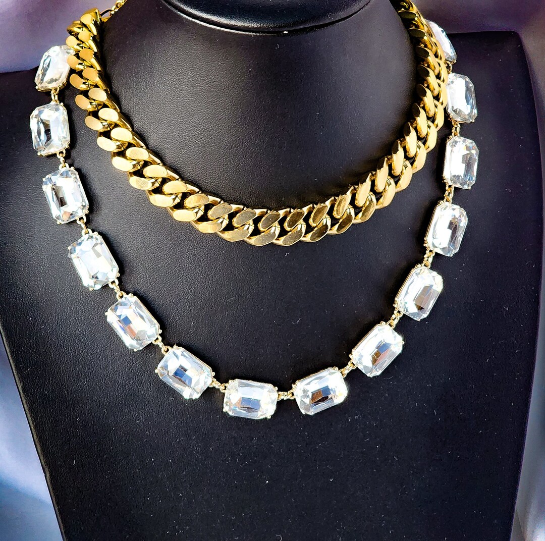 18 Karat Gold Cuban Chain. Anna Wintour Crystal Necklace Etsy UK