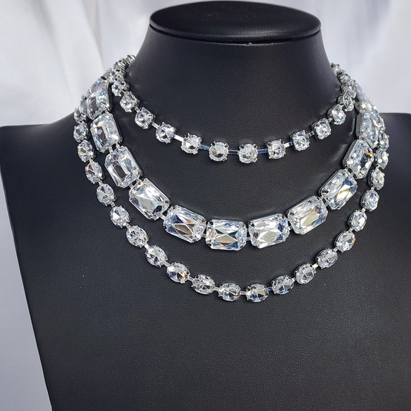 Statement Multi Strand Crystal Necklace. Fits any size! Mixed Cuts Clear diamond crystal.