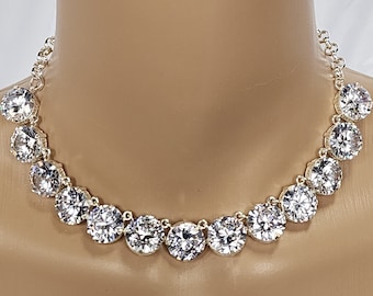 Diamond Anna Wintour Statement Necklace. 14 mm AAAAA Cubic zirconia with sterling silver settings. Vintage Style Costume Jewelry.