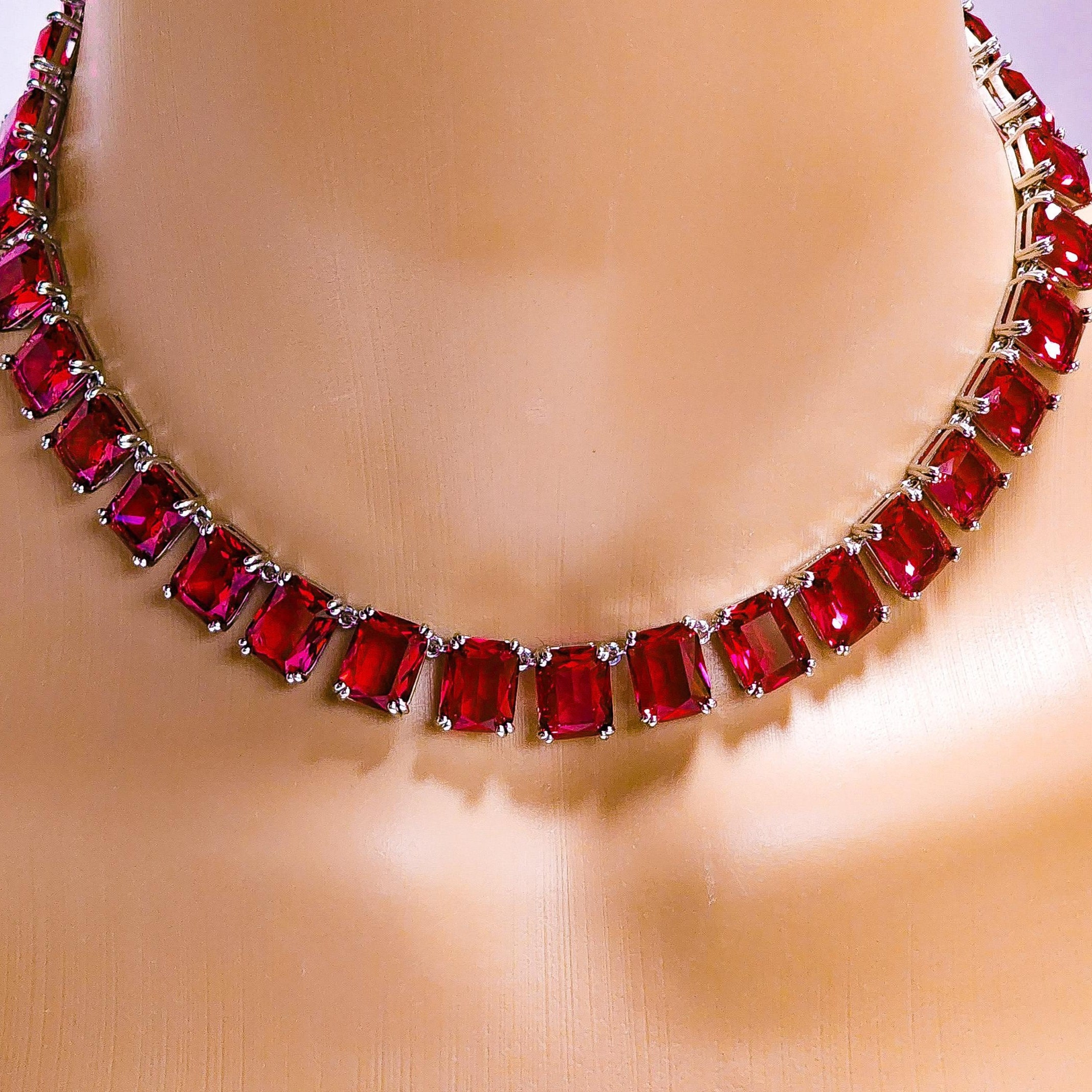 Red Crystal Necklace, Ruby Color Bead Link Necklace, 14K Gold Fill Delicate Chain, Swarovski Crystal, Red and Gold Formal Crystal Jewelry