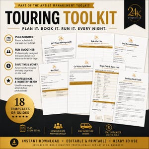 May include: A digital artist management toolkit featuring 18 templates and guides for touring. The white documents include a run sheet, co-writer split sheet, stage plots, and personnel sheets with gold accents and the 24K Creative Co. logo.