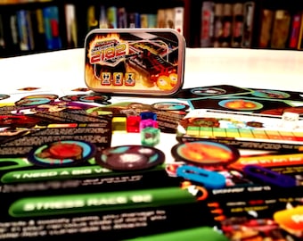 Board game for fans and collectors. Escape Deathrace 2182 "Micro". Tile Placing, Dungeon Crawl, Race Car, Sci-Fi/Fantasy game in a Mint Tin!