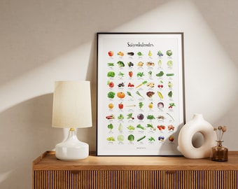 Calendario stagionale di frutta e verdura locale | Poster DIN A2 | Stampa climaticamente neutra | Poster per la cucina | Perpetual