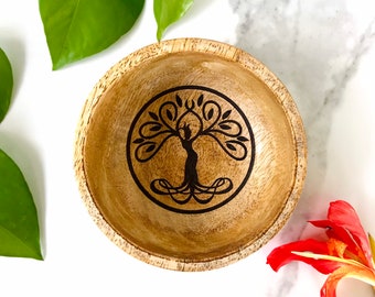 Earth Goddess Tree of Life Engraved Wood Trinket Jewelry Offering Ring Holder Decorative Bowl - 3.5 Inches