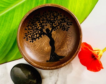 Earth Goddess Tree of Life Engraved Wood Trinket Jewelry Offering Ring Holder Decorative Bowl - 3.5 Inches