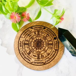 Wheel of year wood altar tile - celtic triquetra, sun, goddess, dragonfly