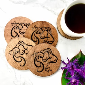 Zodiac Aquarius Engraved Wood Coaster - Set of 4