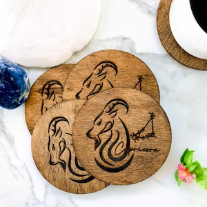 Zodiac Capricorn Engraved Wood Coaster - Set of 4
