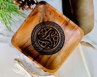 Triskelion engraved wood trinket jewelry offering ring holder decorative bowl.