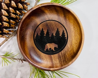Laser-Engraved Bear Wood Bowl (4-Inch Width)