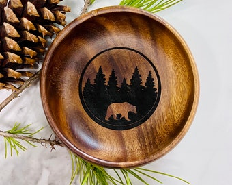 Laser-Engraved Bear Wood Bowl (4-Inch Width)