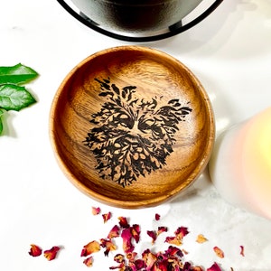 Green Man engraved wood trinket jewelry offering ring holder decorative bowl.