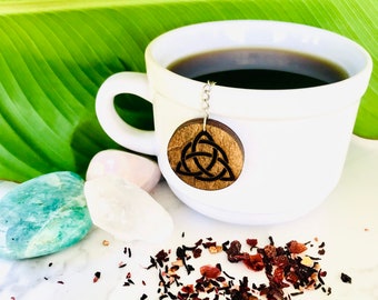 Wooden Tea Charm on Stainless Steel Round Tea Diffuser - Custom Design (Double-Sided Imprint)