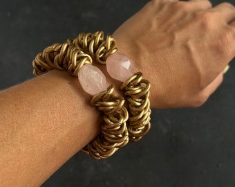 MAMAKOOL Handmade Unique Soft Gold Chain with Pink Quartz Bracelet - Adjustable and Elegant, Natural Pink Quartz Bracelet