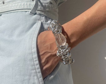 MAMAKOOL Heavy chunky chain bracelet, Thick Silver , Large Rope Chain,Large Statement silver bracelet,Quartz Stone Bracelet