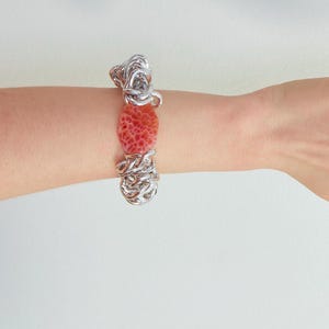 Flat silver Chain Bracelet,Chunky Silver Chain Link Large Bracelet, Bold Fire Agate Fashion Statement, Unique Handmade Artisan Boho Jewelry