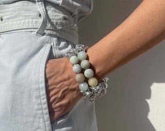 MAMAKOOL 20 mm Natural Aquamarine Stone Crystal Unique Bracelet, Gemstone Beaded Bracelet For Woman,  Large rope chain beaded bracelet