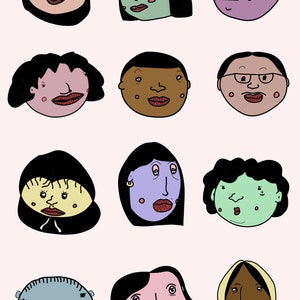 May include: A digital illustration of 10 different cartoon faces. Each face is a different colour and has unique features. The faces are all smiling and have different hairstyles.