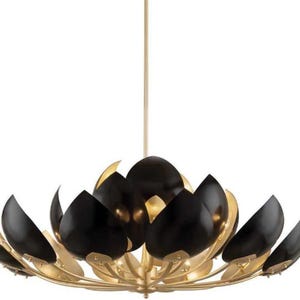 May include: A modern chandelier with a floral design. The fixture features black petal-shaped shades with gold-colored interiors, suspended from a gold-toned stem. The light fixture is designed to be mounted on a ceiling.