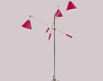 May include: A modern floor lamp with a silver metal frame and multiple adjustable arms. Each arm supports a magenta cone-shaped lampshade. The lamp has a tripod base and a sleek, contemporary design, perfect for living rooms or offices.