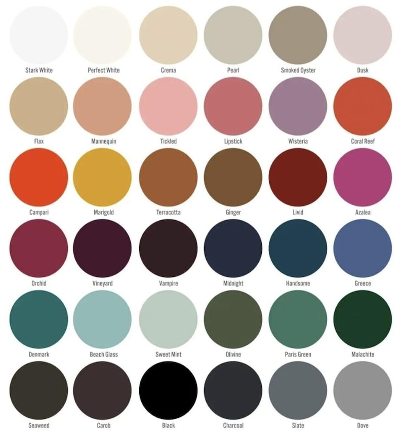 May include: A color chart with 36 paint color swatches. The colors range from white to black and include shades of red, orange, yellow, green, blue, and purple.