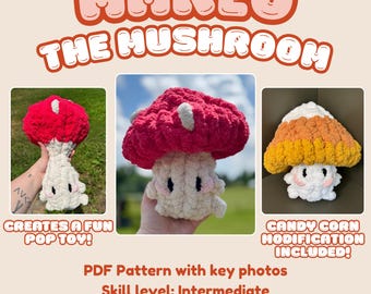 Marlo the Mushroom Pop It Toy Plushie and Halloween Candy Corn Modification PDF Pattern Bundle, Chunky Hand Knitting Intermediate, Fall