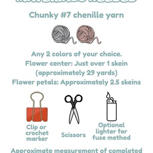 May include: A white graphic with the text "MATERIALS NEEDED" and a list of supplies for a craft project. Includes yarn, a clip, scissors, and a lighter. The finished project is approximately 37" x 37".