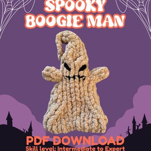 May include: A beige, hand-knitted Oogie Boogie Man figure with black facial features. The text "SPOOKY BOOGIE MAN" is above the figure. The words "PDF DOWNLOAD" and other text are below the figure. The background is purple with a Halloween theme.