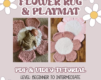 Chunky Hand Knit Flower Rug and Playmat Pattern, Tummy Time Hand Knitting Pattern PDF file, Video Tutorial, Intermediate, Chenille Yarn, DIY