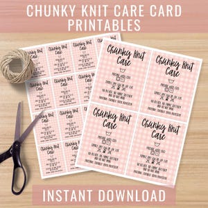 May include: A collection of pink and white gingham patterned care cards for chunky knit items. The cards display care instructions and the words "Chunky Knit Care" in a handwritten font. The words "Instant Download" are at the bottom.