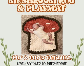 Chunky Hand Knit Mushroom Rug and Playmat Pattern, Tummy Time Hand Knitting Pattern PDF file, Video Tutorial, Intermediate, Chenille Yarn