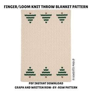 Op de afbeelding: Een crèmekleurige, met de hand of op een weefgetouw gebreide deken met een herhalend patroon van zes donkergroene en bruine dennenbomen. De tekst luidt FINGER/LOOM KNIT THROW BLANKET PATTERN, AI-GENERATED MOCKUP en PDF INSTANT DOWNLOAD GRAPH AND WRITTEN ROW-BY-ROW PATTERN.