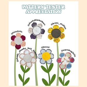 May include: A poster with the text "PATTERN TESTER APPRECIATION" above six colorful, crocheted flower illustrations. Each flower has a different color scheme and is labeled with an Instagram handle. Green stems and leaves support the flowers against a cream background.