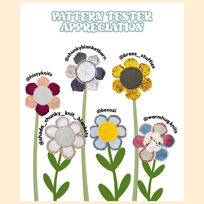May include: A poster with the text "PATTERN TESTER APPRECIATION" above six colorful, crocheted flower illustrations. Each flower has a different color scheme and is labeled with an Instagram handle. Green stems and leaves support the flowers against a cream background.