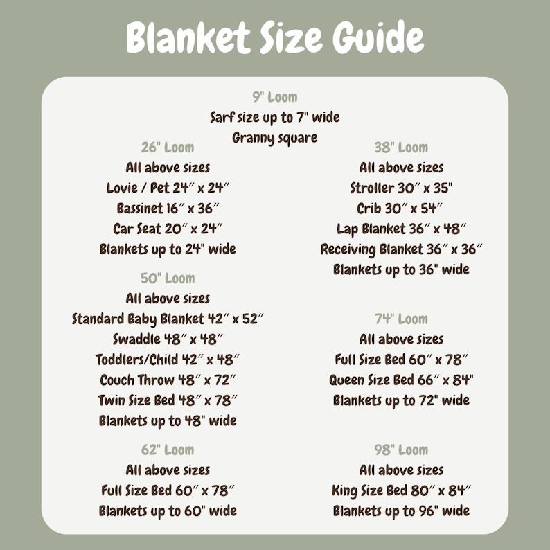Op de afbeelding: Een dekengroottabel met tekst in een witte doos tegen een lichtgroene achtergrond. De gids geeft maten voor verschillende dekentypes, met afmetingen in centimeters.