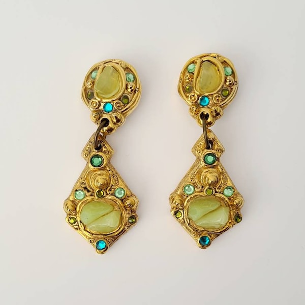 KALINGER PARIS 80s Vintage Drop Dangle Earrings | Gold/Green Crystal | Vintage Designer French Runway Couture