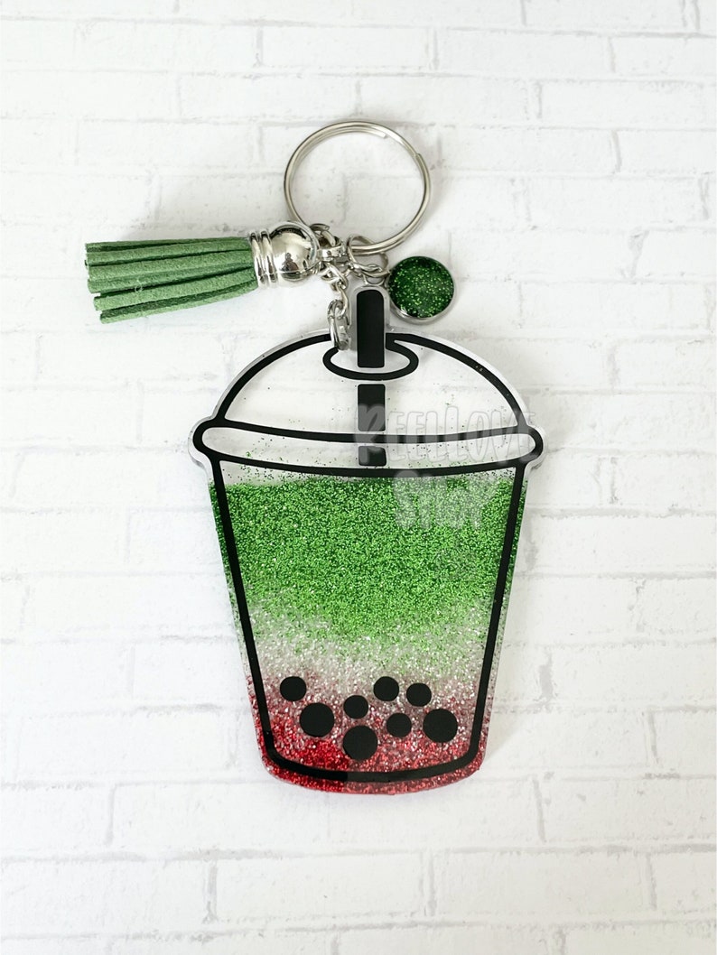 Strawberry Matcha Boba Acrylic Keychain Glitter Keychain Etsy
