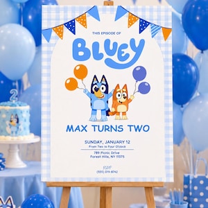 May include: A birthday party sign featuring the word "Bluey" in large blue letters, with cartoon characters holding balloons. The sign reads "Max Turns Two" and includes event details. The background has blue and white checkered pattern.