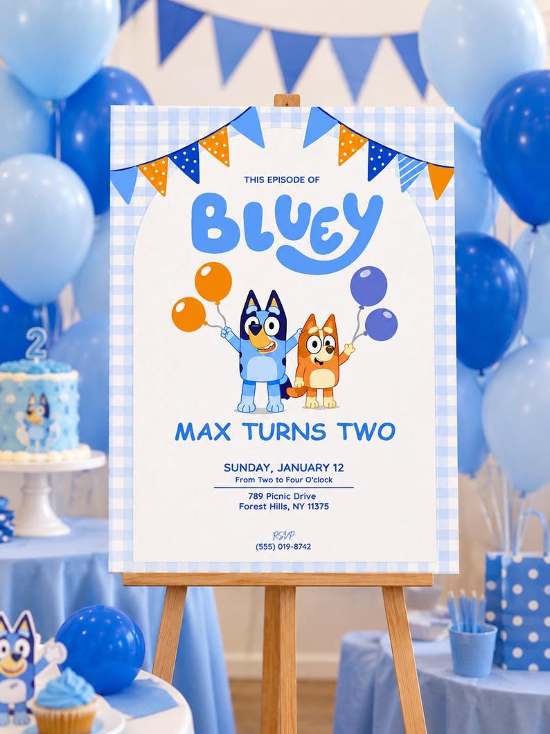 May include: A birthday party sign featuring the word "Bluey" in large blue letters, with cartoon characters holding balloons. The sign reads "Max Turns Two" and includes event details. The background has blue and white checkered pattern.