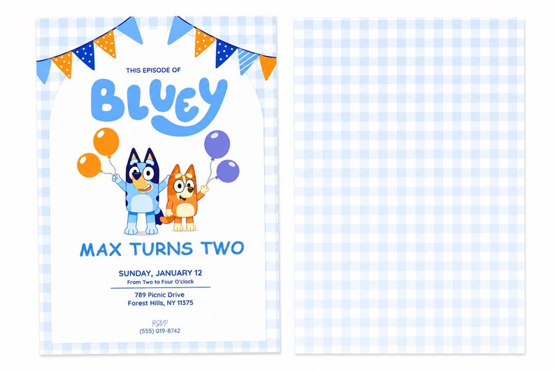 May include: A Bluey-themed birthday invitation with a light blue gingham pattern background. The invitation features the text "This Episode of Bluey" and "Max Turns Two". The invitation includes the date, time, and location.