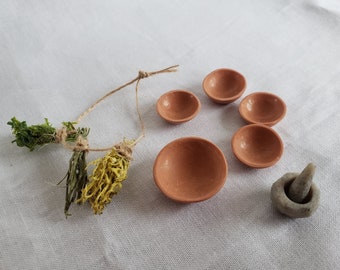 Dollhouse Miniatures - Clay Bowl, Mortar and Pestle, Herbs  - Kitchen Accessories - Rustic, Medieval, Witch  - Doll Furniture Decorations