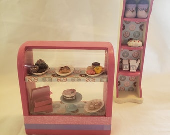 Dollhouse Miniatures Bakery - Pink Cake and Dessert Shop Set - Donuts, Buns, Croissants  - Doll Accessories and Furniture