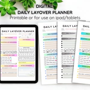 Puede incluir: Un planificador diario digital para escalas con un diseño colorido. El planificador incluye secciones para el presupuesto diario, la lista de compras, el cuidado personal durante la escala, el clima, la ingesta de agua, el seguimiento del sueño, las notas y los recordatorios. El planificador es imprimible o se puede usar en un iPad o tableta.