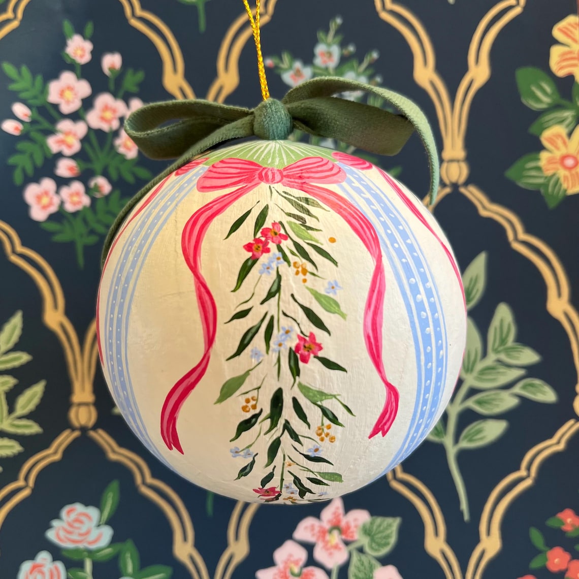 Hand Painted Flower Bow Christmas Ornament Round Extra Large Ornament ...