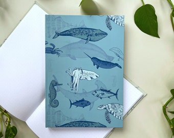 Handgemachtes gepunktetes Notizbuch A5 | Cover Sea Life Cover Design in Blau | Bullet Journaling | 100g/qm gepunktete Seiten | Umweltfreundlich