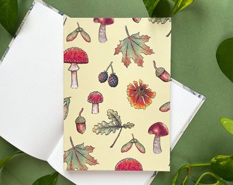Handgemachtes gepunktetes Notizbuch A5 | Waldpflanzen und Pilze Einband Design | Bullet Journaling | 100g/qm gepunktete Seiten | Umweltfreundlich